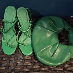 Green Studded Strappy Sandals with Matching Green Pouch